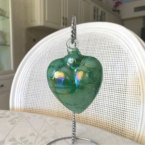 Dichroic Blown Glass Heart Ornament Iridescent Green Paper Weight Hanging Loop